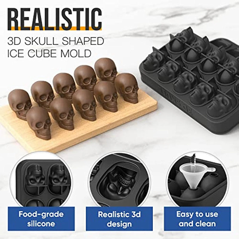 Skull Ice Cube Mold for Whiskey – 10-Cavity Silicone Ice Machine Tray with Funnel for Baking & Cocktails