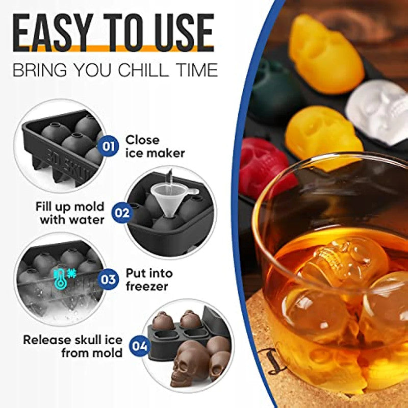 Skull Ice Cube Mold for Whiskey – 10-Cavity Silicone Ice Machine Tray with Funnel for Baking & Cocktails