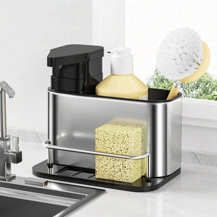 3-in-1 Kitchen Stainless Steel Soap Dispenser, Sponge Holder & Sink Organizer, Countertop Dishwashing Storage Rack