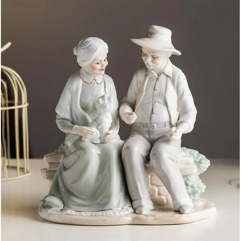 European Ceramic Old Man And Old Lady Figurines, Home Office Decor Crafts, Parents Old Couples Gold Wedding Gifts