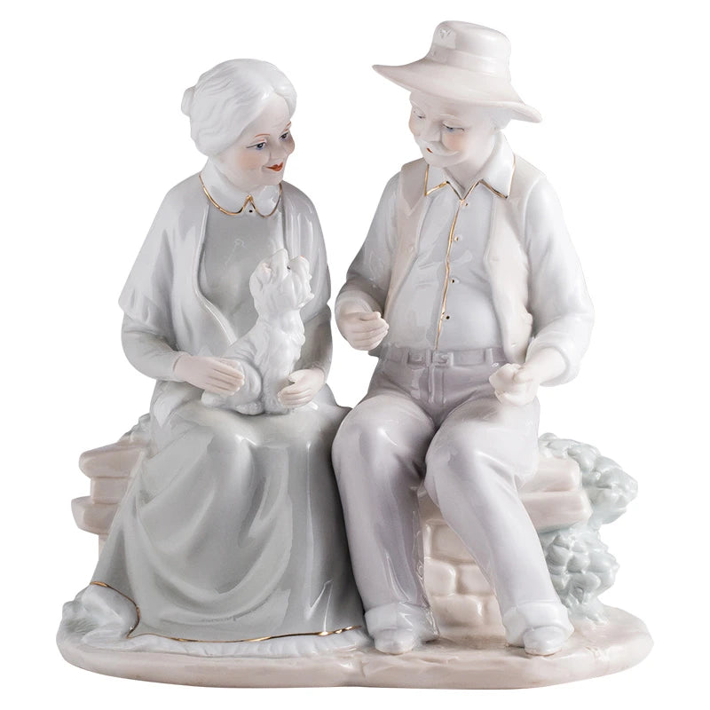 European Ceramic Old Man And Old Lady Figurines, Home Office Decor Crafts, Parents Old Couples Gold Wedding Gifts