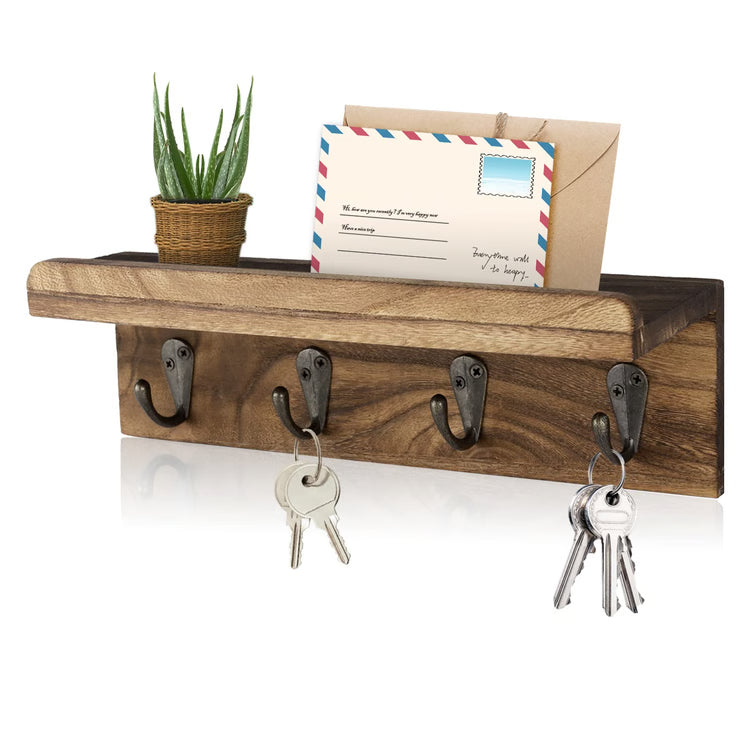 Rustic Wood Wall Key Holder Shelf for Farmhouse Home Decor