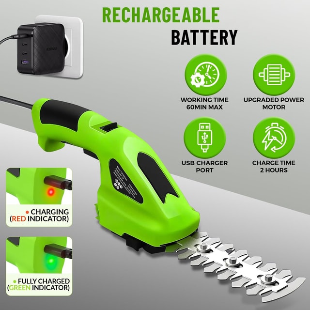 Cordless Rechargeable Hedge Trimmer for Shrubs, Grass & Garden Maintenance