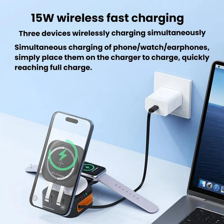 15W 3-in-1 Wireless Charger – Magnetic Charging Stand with Retractable Cable, Foldable Fast Charging Station