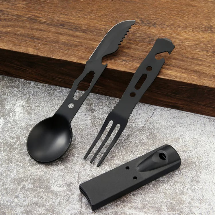Stainless Steel Camping Utensil Set – Knife, Fork, Spoon & Whistle for Outdoor Use
