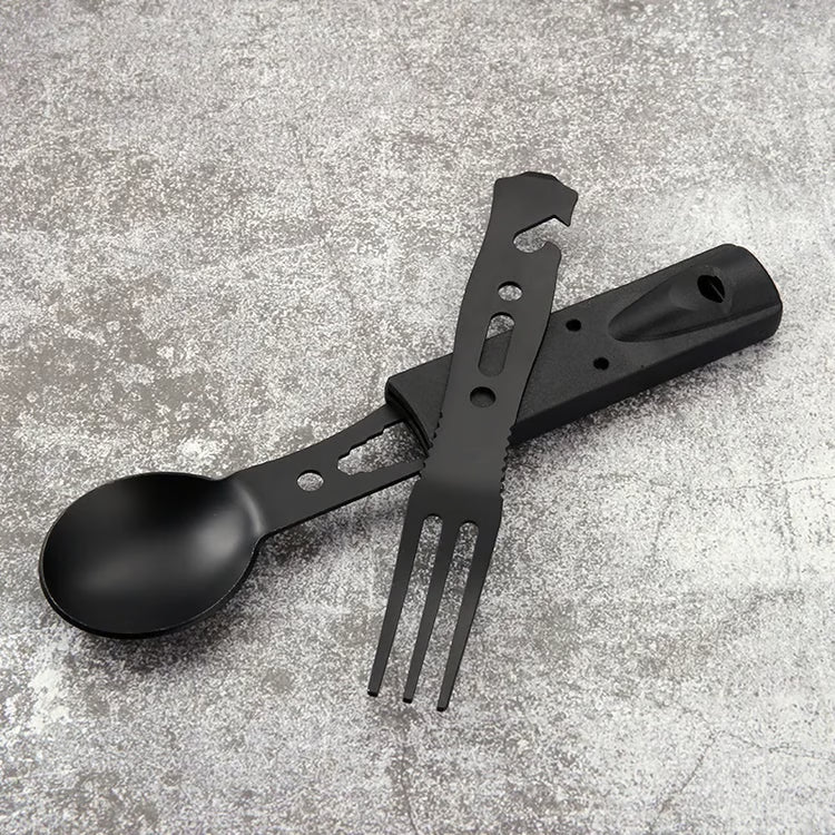 Stainless Steel Camping Utensil Set – Knife, Fork, Spoon & Whistle for Outdoor Use