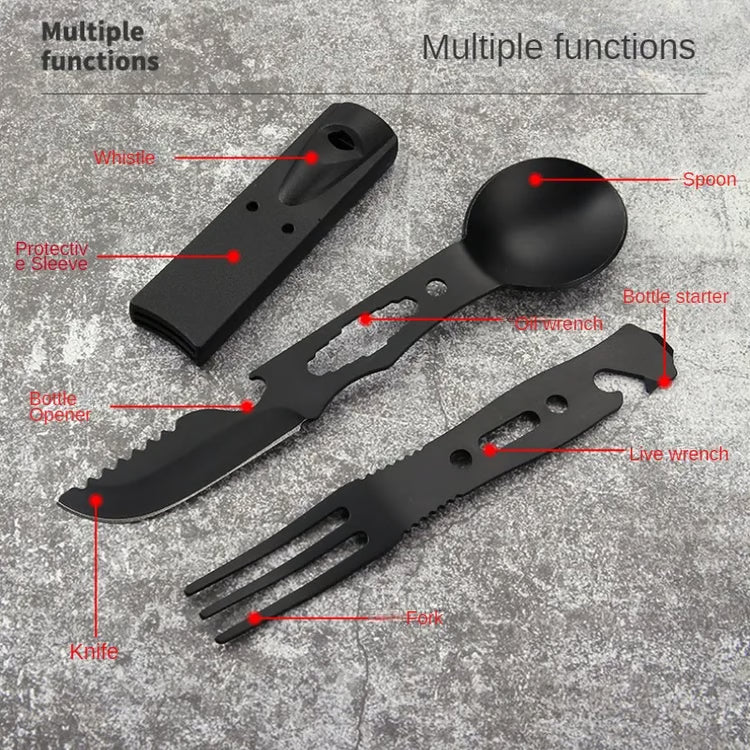 Stainless Steel Camping Utensil Set – Knife, Fork, Spoon & Whistle for Outdoor Use