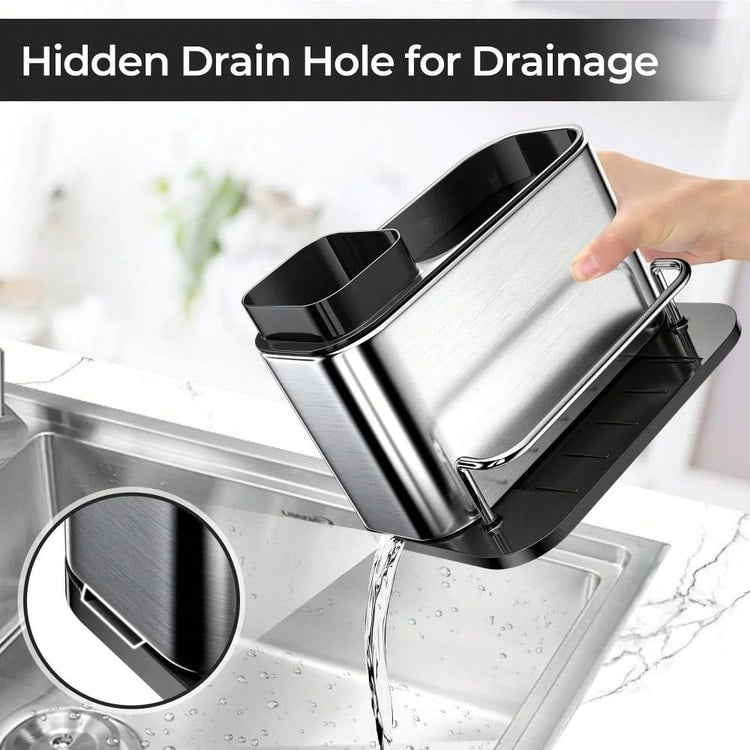 3-in-1 Kitchen Stainless Steel Soap Dispenser, Sponge Holder & Sink Organizer, Countertop Dishwashing Storage Rack