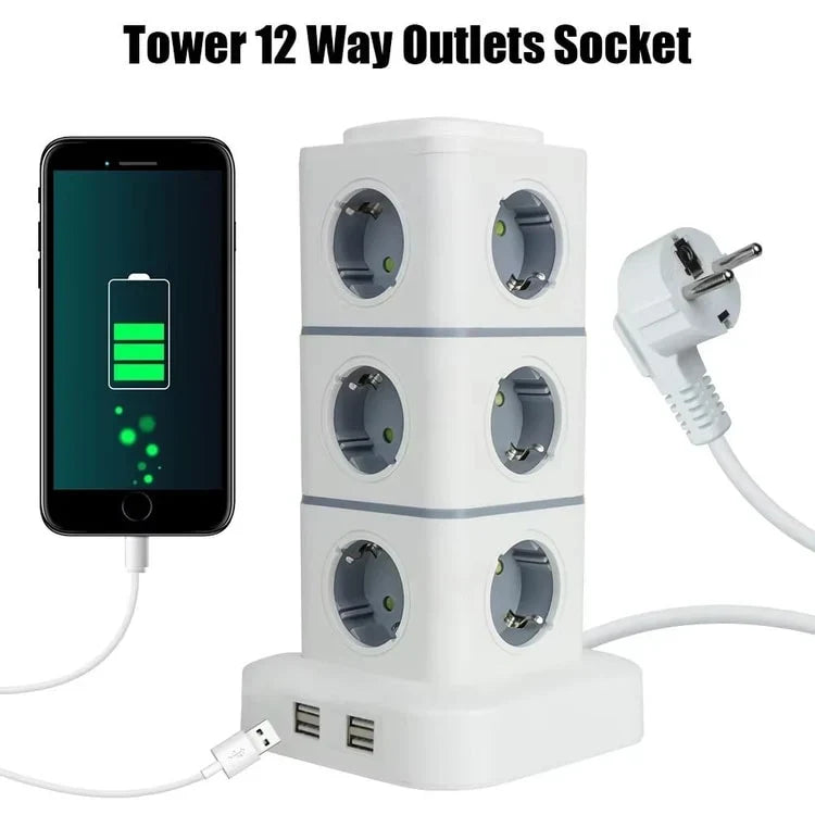12-Way Power Strip with USB Charging & 2.8 m Extension Cord – EU Plug