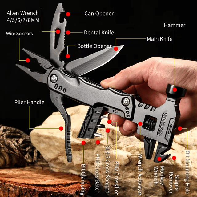 Stainless Steel Multifunctional Camping Multi-Tool with Hammer, Pliers, Wrench & Utility Blade