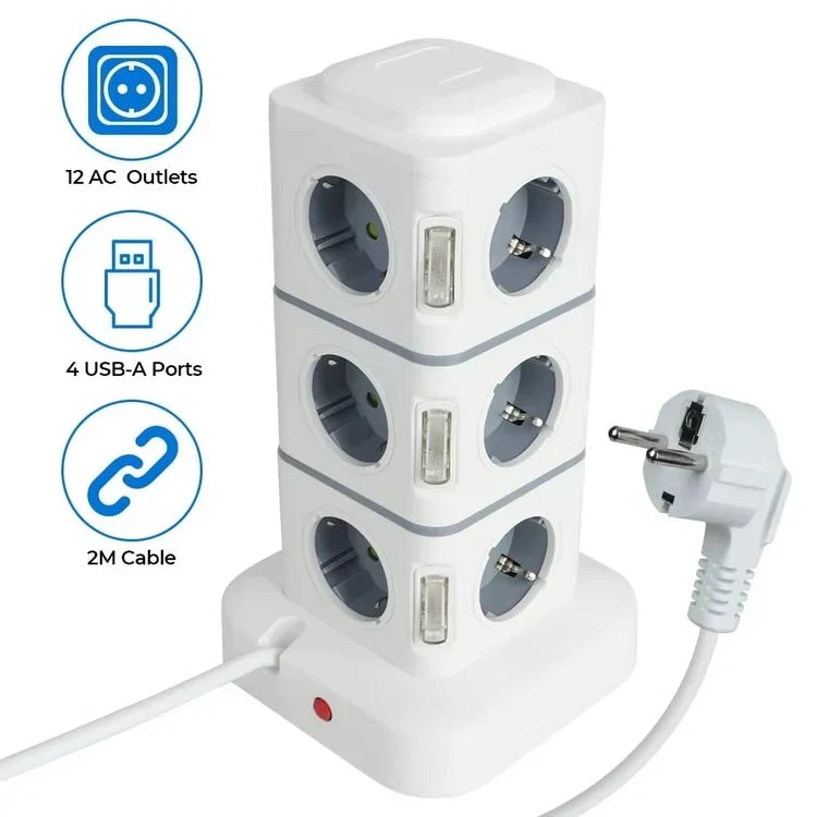 12-Way Power Strip with USB Charging & 2.8 m Extension Cord – EU Plug