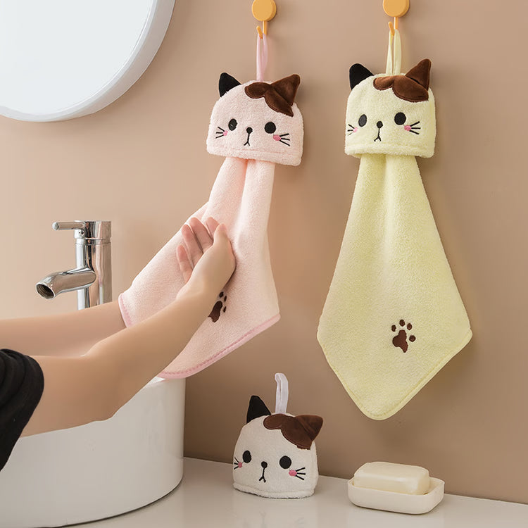 Cute Cartoon Cat Hand Towel – Thick Coral Velvet Cloth for Kitchen, Bathroom & Home