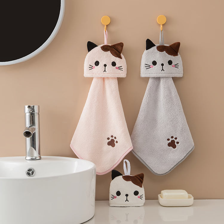 Cute Cartoon Cat Hand Towel – Thick Coral Velvet Cloth for Kitchen, Bathroom & Home