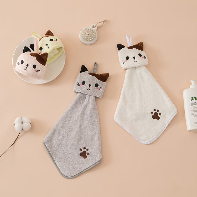 Cute Cartoon Cat Hand Towel – Thick Coral Velvet Cloth for Kitchen, Bathroom & Home