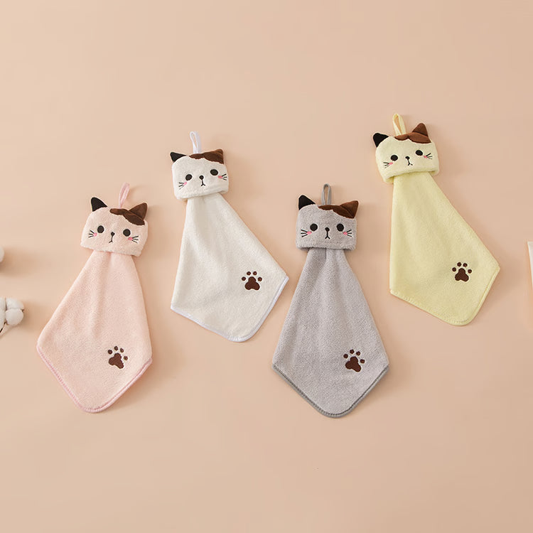 Cute Cartoon Cat Hand Towel – Thick Coral Velvet Cloth for Kitchen, Bathroom & Home