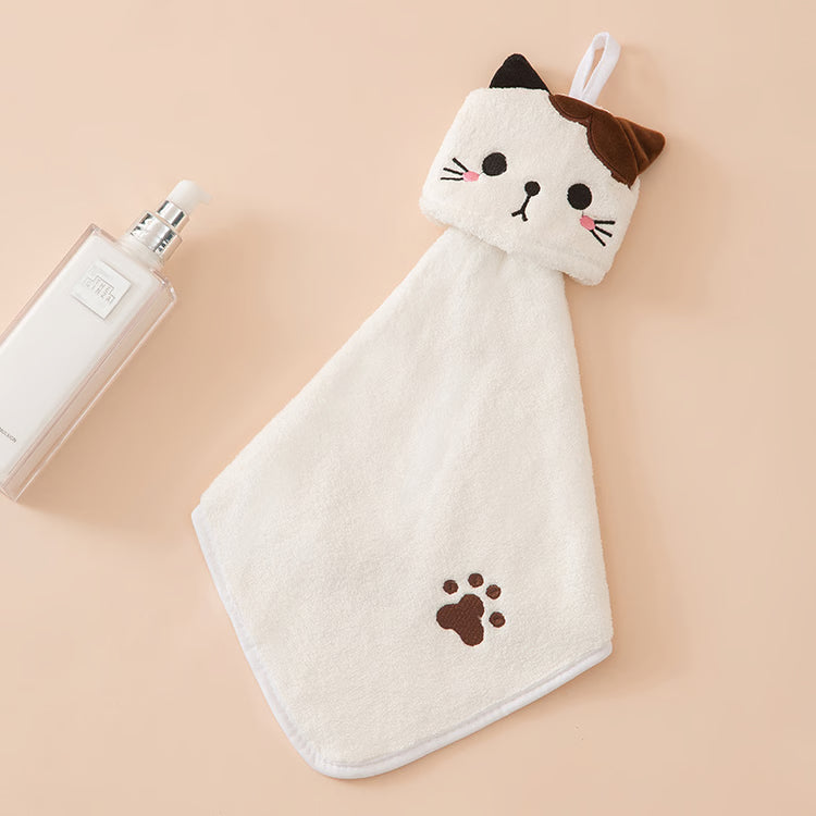 Cute Cartoon Cat Hand Towel – Thick Coral Velvet Cloth for Kitchen, Bathroom & Home