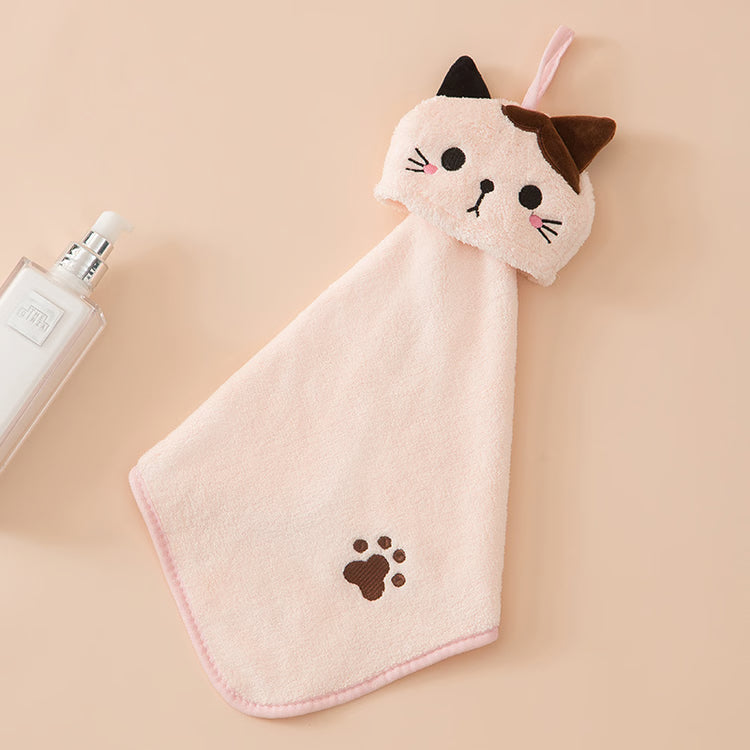 Cute Cartoon Cat Hand Towel – Thick Coral Velvet Cloth for Kitchen, Bathroom & Home