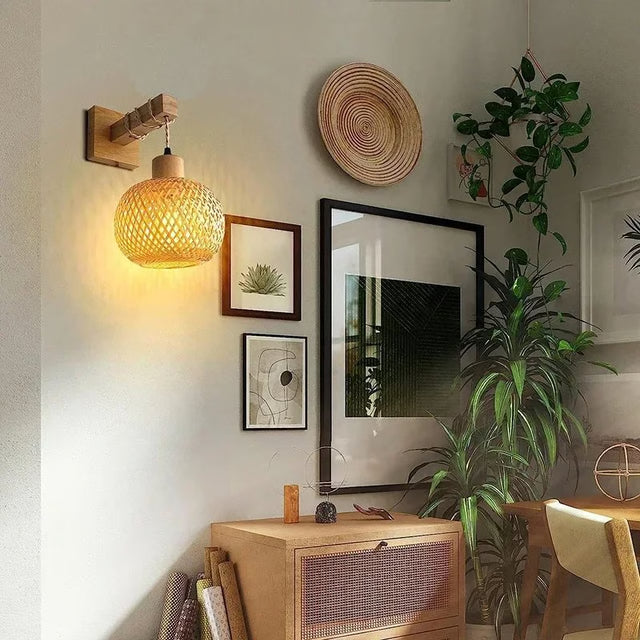 Natural Handwoven Bamboo Lantern Wall Sconce, Rattan Wicker E27 wall light fixture for Warm Boho Ambience