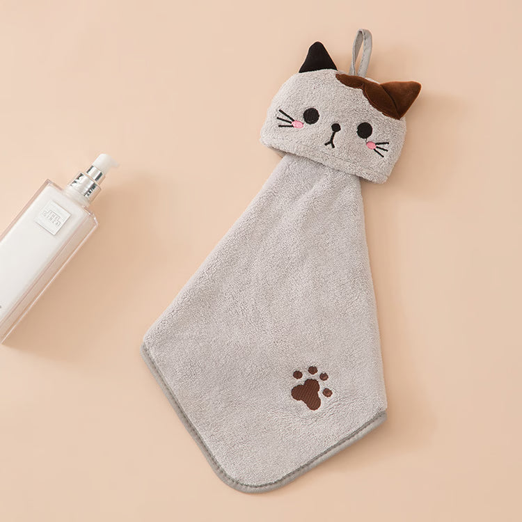 Cute Cartoon Cat Hand Towel – Thick Coral Velvet Cloth for Kitchen, Bathroom & Home