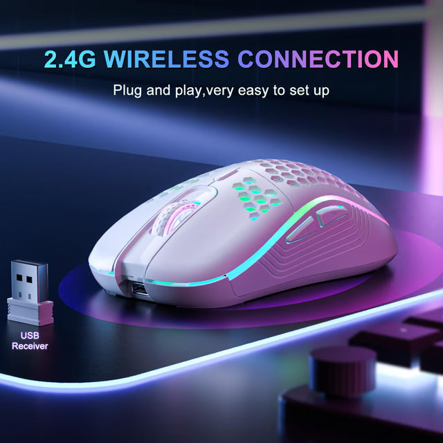 Wireless RGB Gaming Mouse with 6 Buttons, Type-C Rechargeable & Honeycomb Design