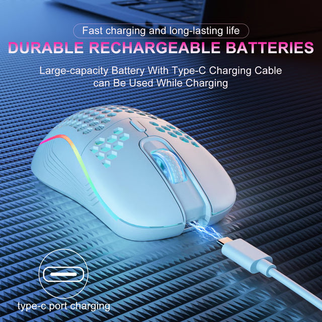 Wireless RGB Gaming Mouse with 6 Buttons, Type-C Rechargeable & Honeycomb Design