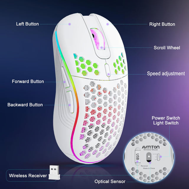 Wireless RGB Gaming Mouse with 6 Buttons, Type-C Rechargeable & Honeycomb Design